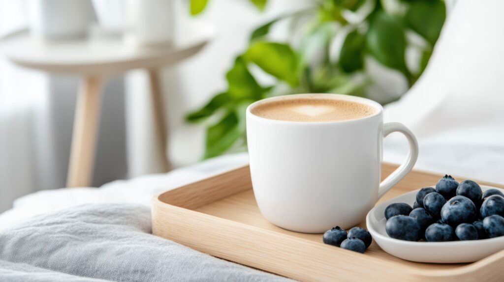 Cup of coffee next to plate of blueberries on bedtray